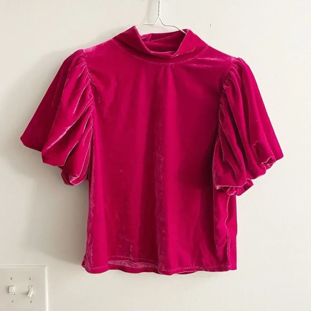Free People Hot Pink Velvet Puff Sleeve Mock Neck Tee Women Small Luxe Romantic